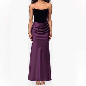 NEW Betsy & Adam Strapless Velvet & Satin Maxi Dress Gown Purple 10